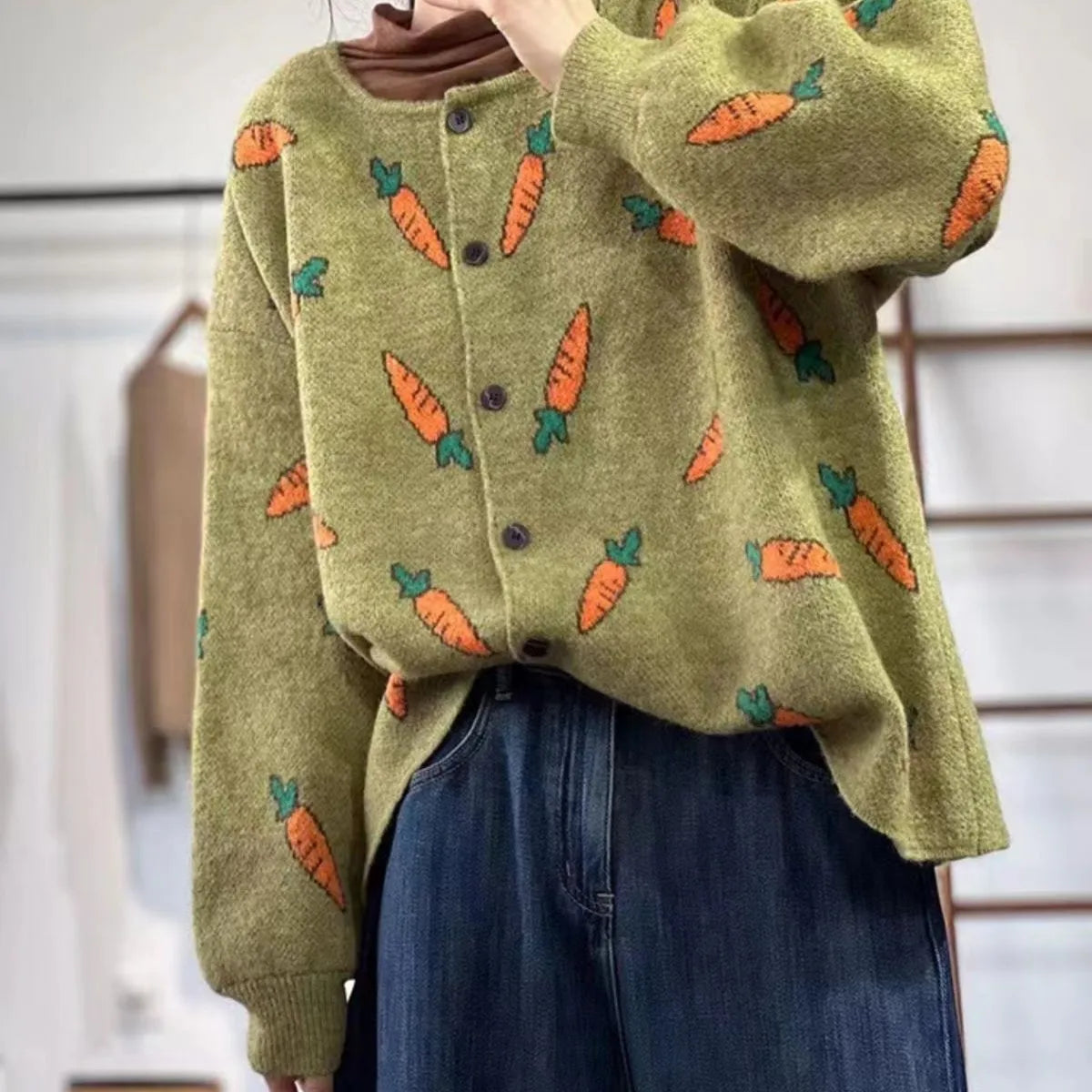 Mori artistic print loose cardigan sweater in viscose, shown in picture colour.
