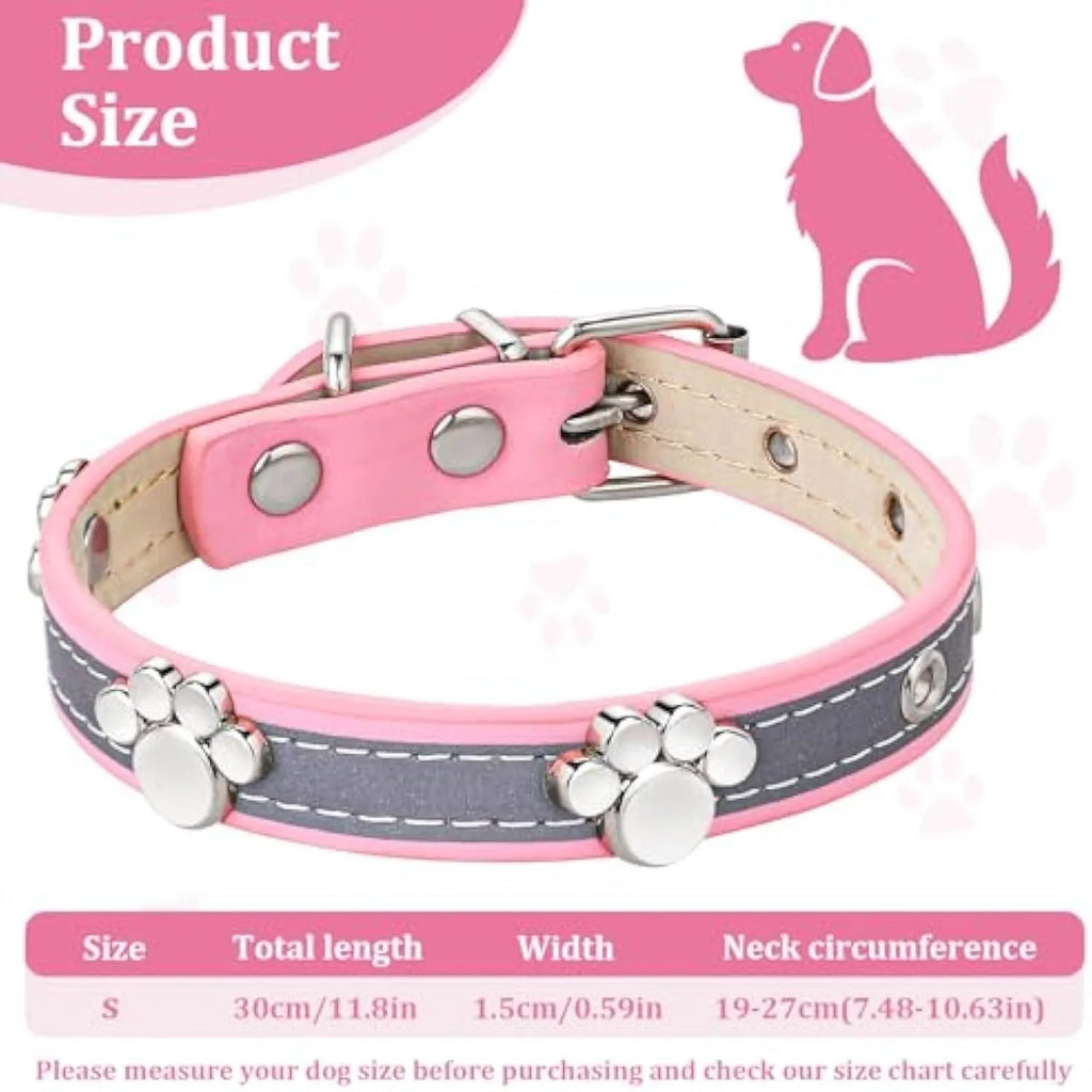 Adjustable PU leather dog collar with reflective stitching and a metal paw-shaped rivet.