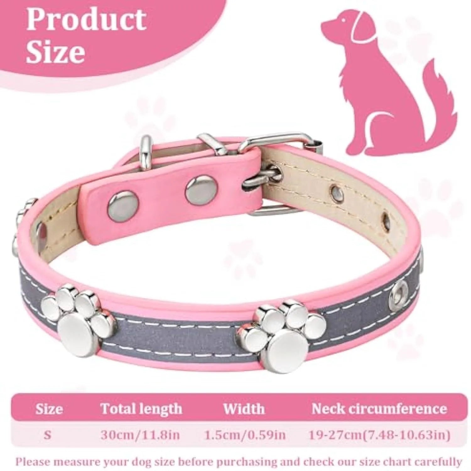 Adjustable PU leather dog collar with reflective stitching and a metal paw-shaped rivet.