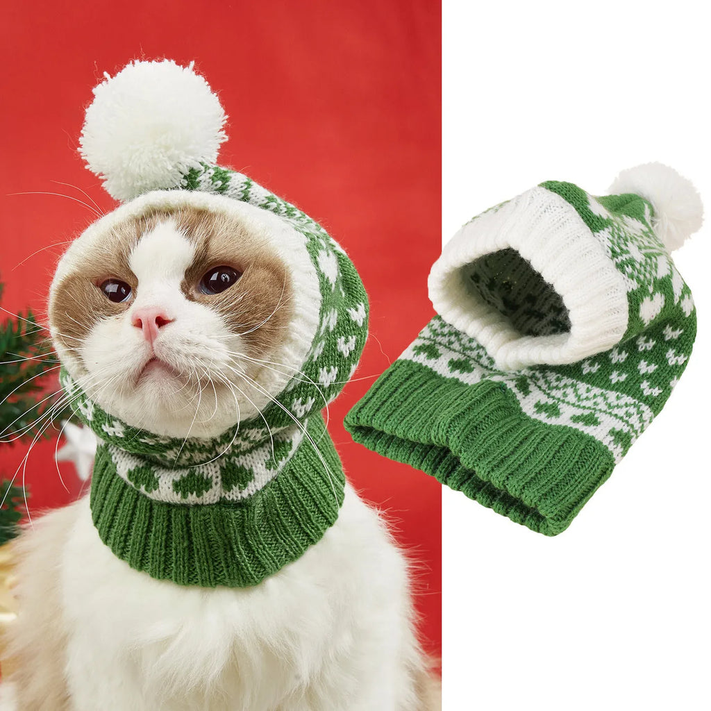Knitted acrylic pet hat with snowflake elk love print and fur ball, size S M L, available in red and green colourways