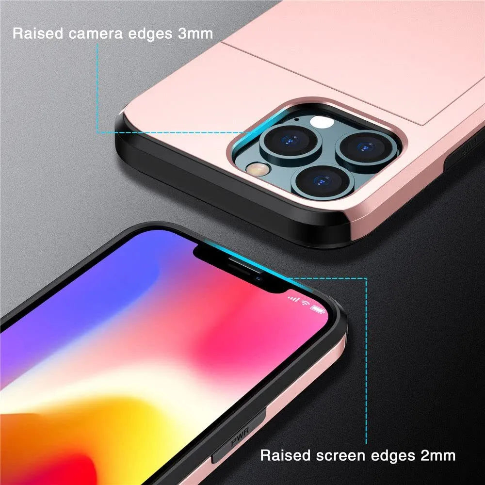Sliding cover wallet phone case for iPhone in matte finish, showing card slot and raised screen protection.