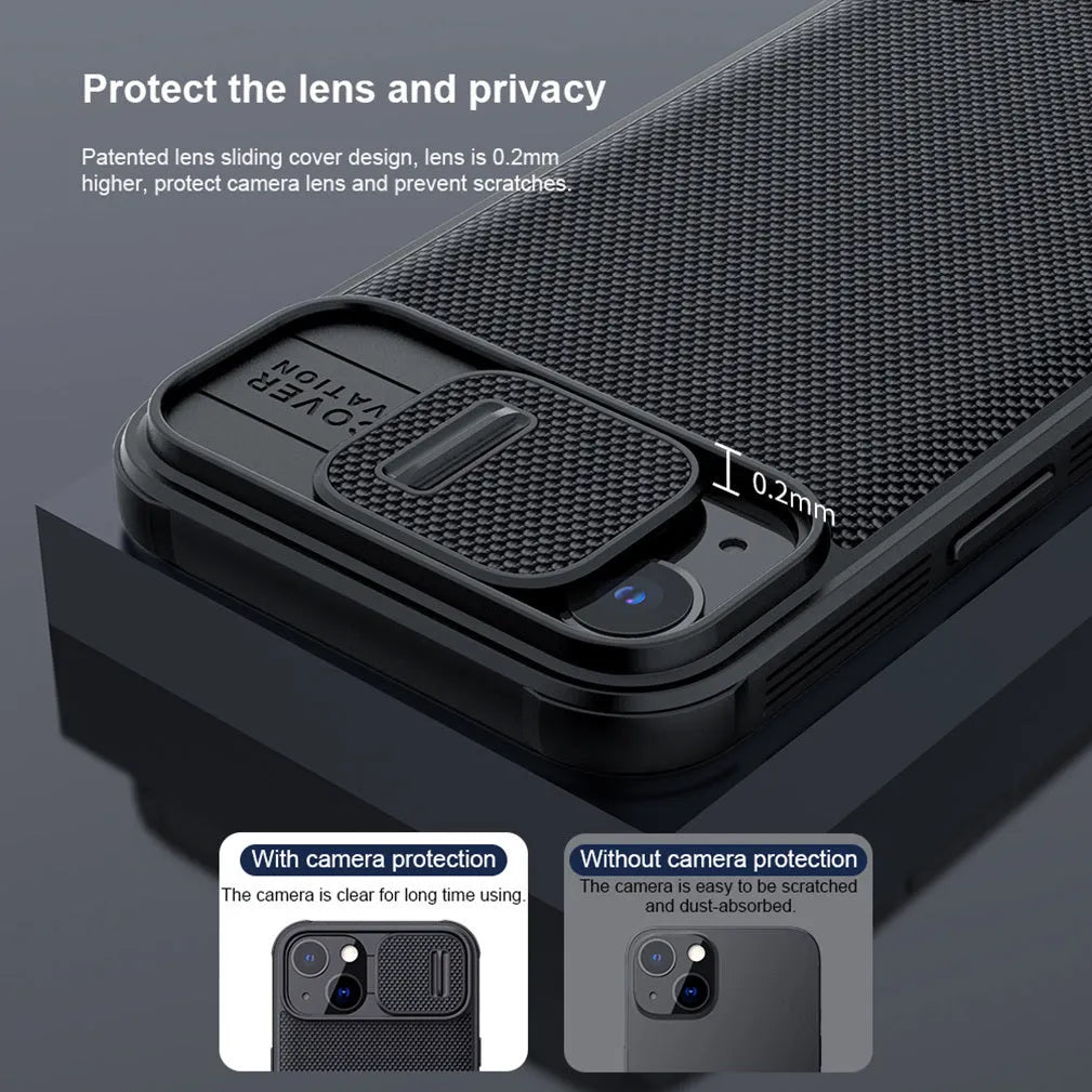 Black textured sliding back cover phone case for iPhone 13 Pro Max with PC and TPU construction