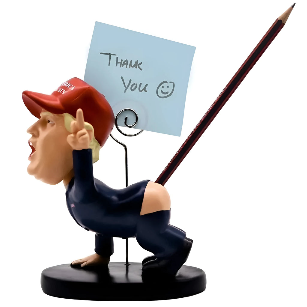 Blue synthetic resin pen holder with shaking head doll design and business card holder section on a desk.