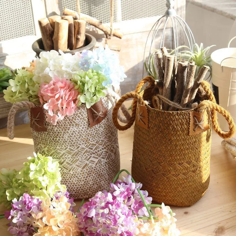Hand woven seagrass basket with hanging rope, two sizes S and L, pastoral style, brown or white