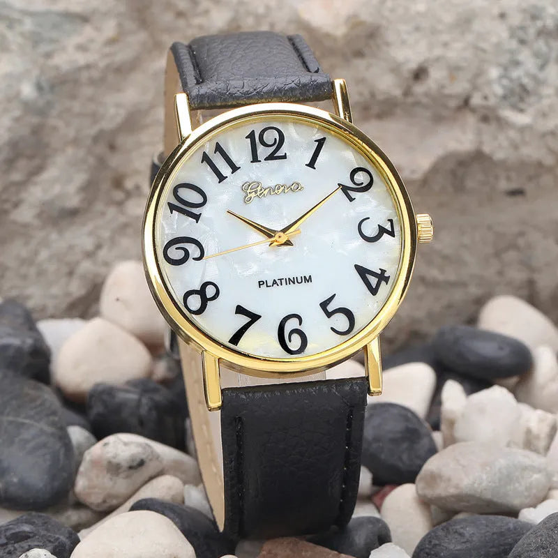 Marble belt Geneva watch with 40mm round alloy case, shell face, and PU strap in black, blue, or pink