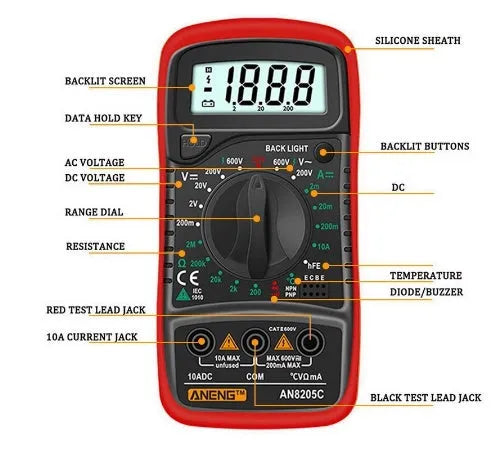 Handheld digital multimeter display showing 1999 counts on yellow meter with test leads and temperature wire accessories