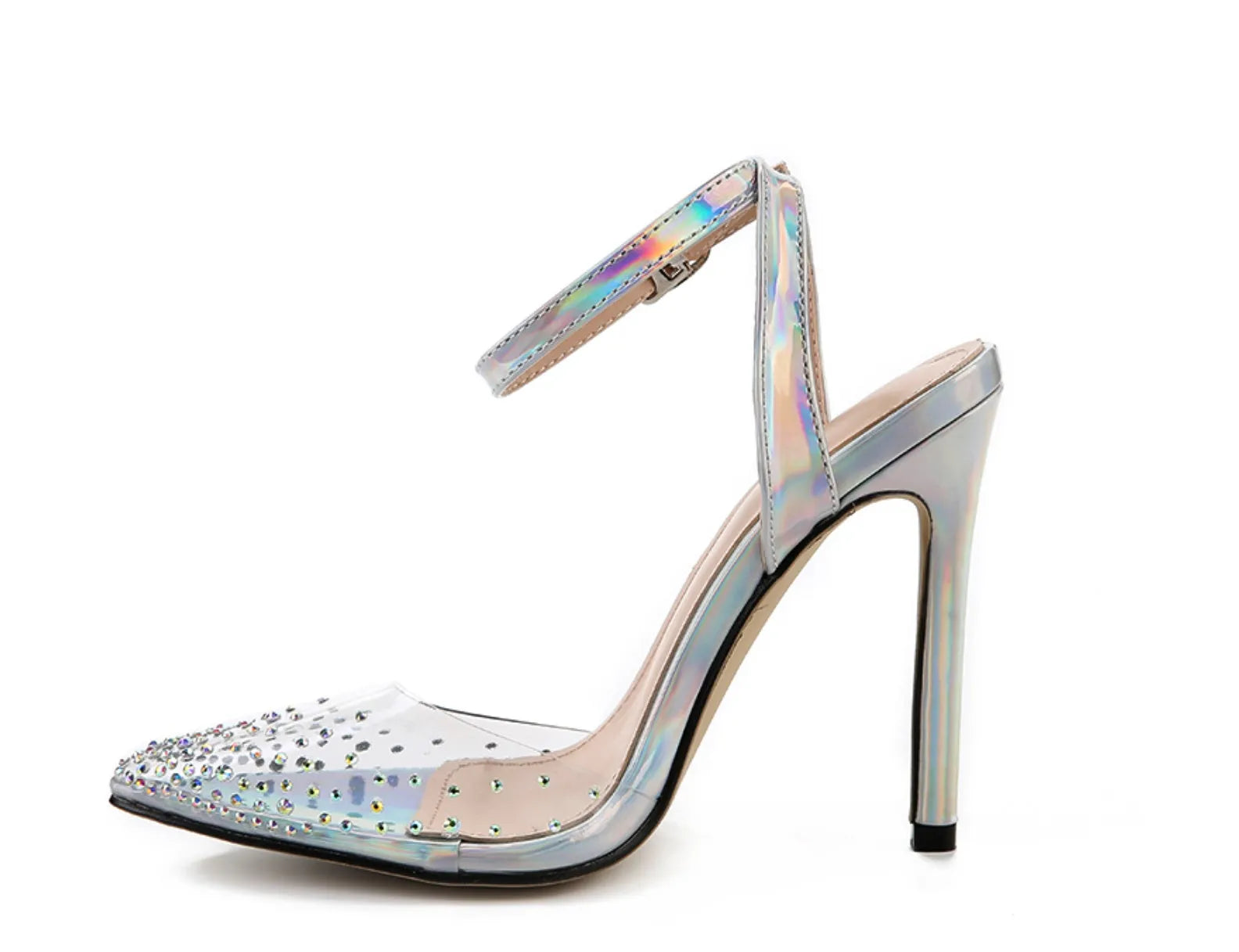 Women's pointed toe stiletto sandals with a diamond detail on a glossy PVC upper.