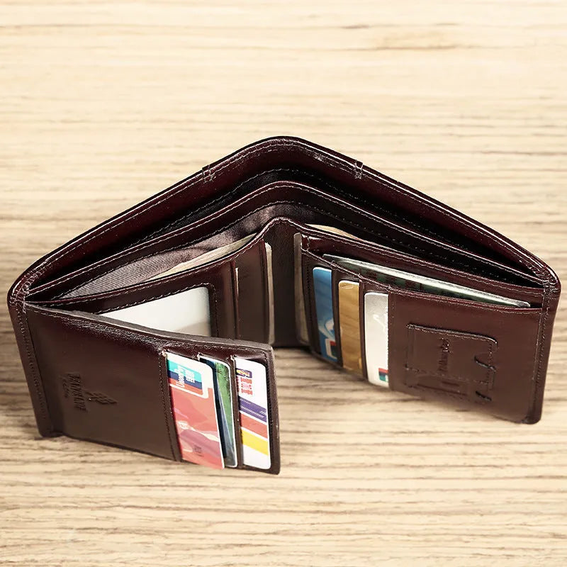 Men's black genuine leather bi-fold wallet open, showing eight card slots, a note compartment, and a zipped coin pouch.