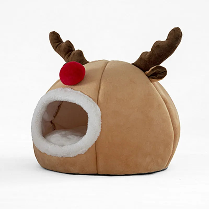 Camel colour reindeer pet tent kennel with soft plush exterior and fleece lining, small size