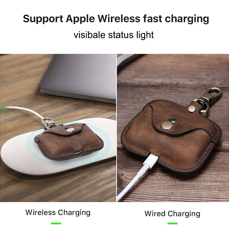 Genuine leather vintage clamshell case for AirPods Pro in brown with a crazy horse pattern texture.