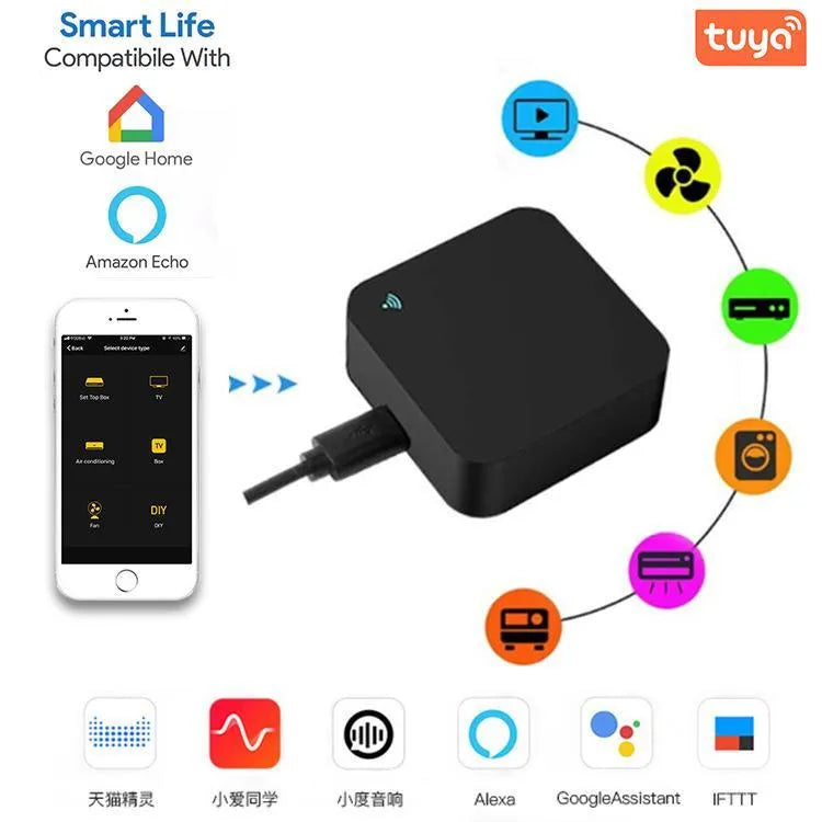 Black universal infrared remote control with voice command for air conditioning and TV