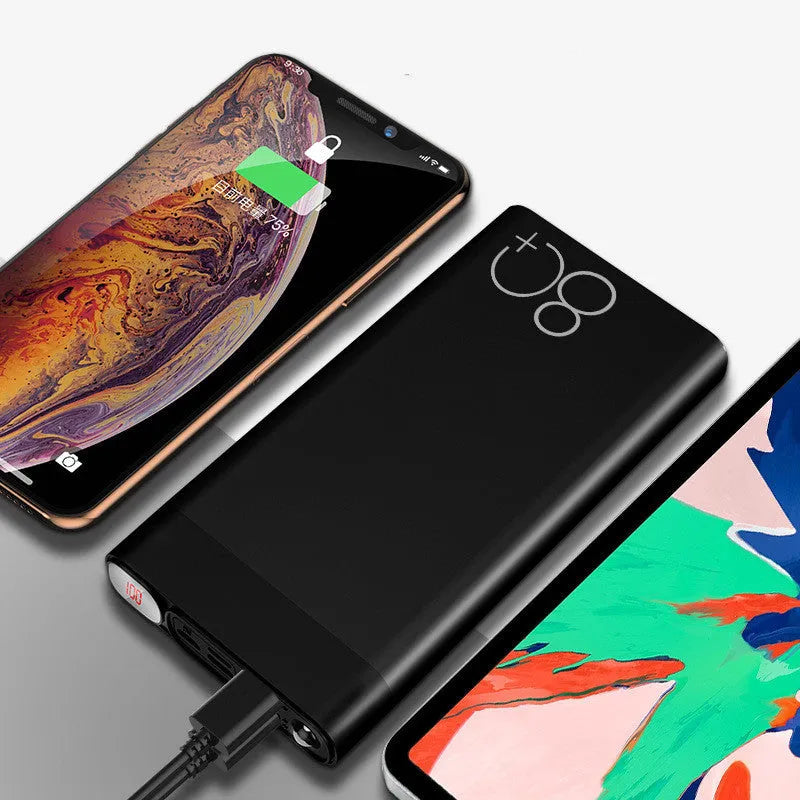 LCD display alloy shell power bank 10000mAh or 20000mAh in Black on a white background showing charge level