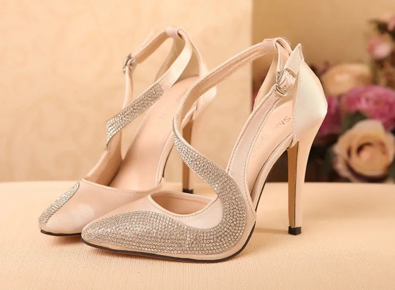 Super high heel rhinestone single shoe in apricot colour with crystal embellishments