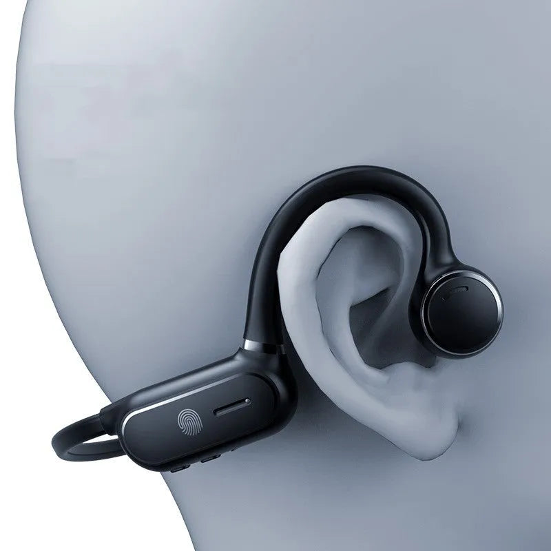 Black and white air conduction Bluetooth wireless earphones with ear-hook design and touch controls.