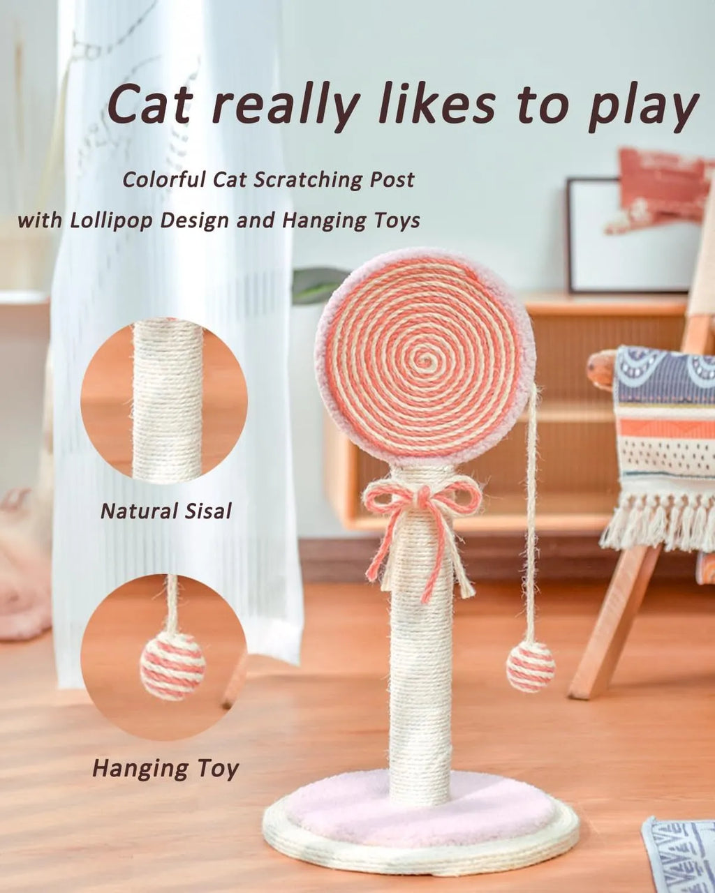 Blue cat scratching post with a hanging toy ball on a sturdy square base.