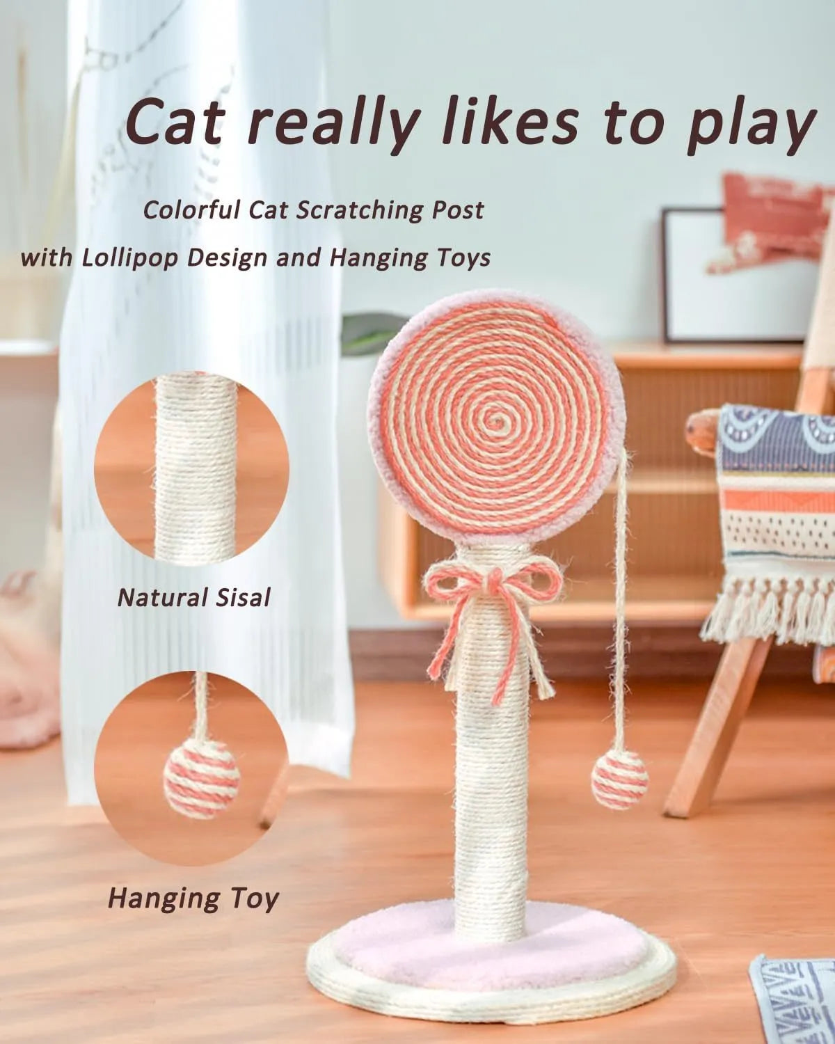 Blue cat scratching post with a hanging toy ball on a sturdy square base.