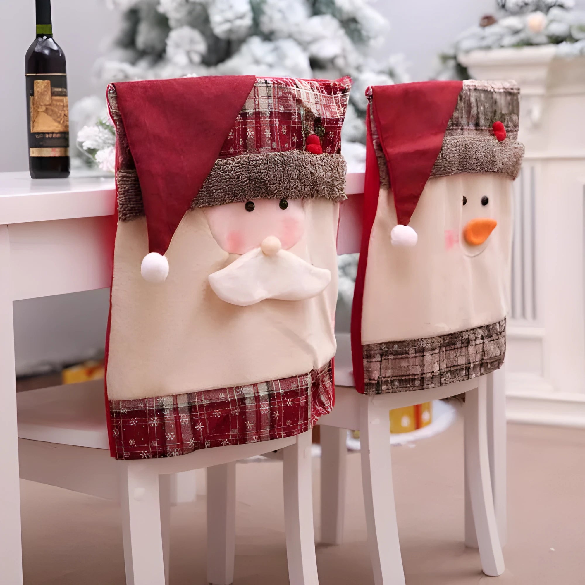 Christmas chair covers set with Santa Claus and Snowman designs for standard dining chairs