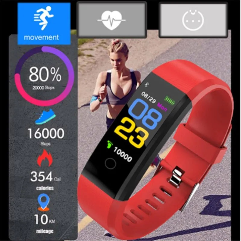 115plus smart wristband with 0.96in colour screen, TPU strap, heart rate monitor, available in black, blue, green, purple, red