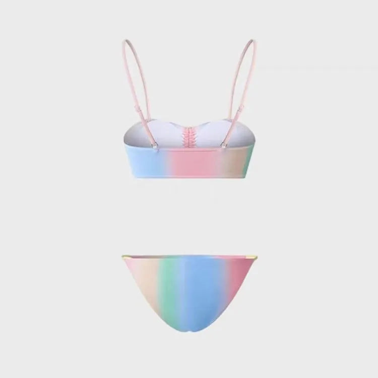 Women's lace-up bikini swimsuit with adjustable string ties and triangle top design