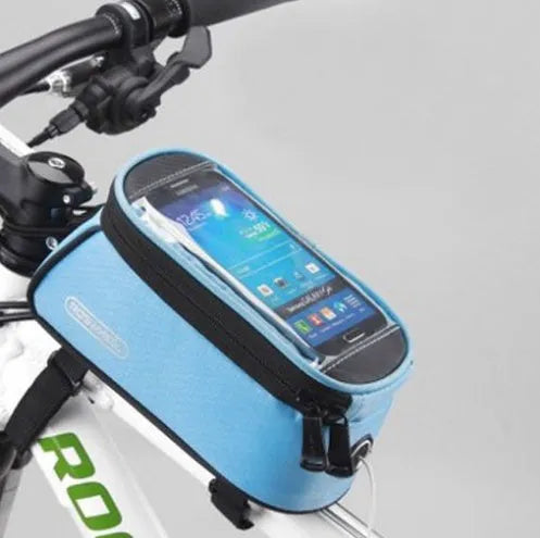 ROSWHEEL black bicycle frame bag mounted on bike, holding an iPhone, showing size scale.