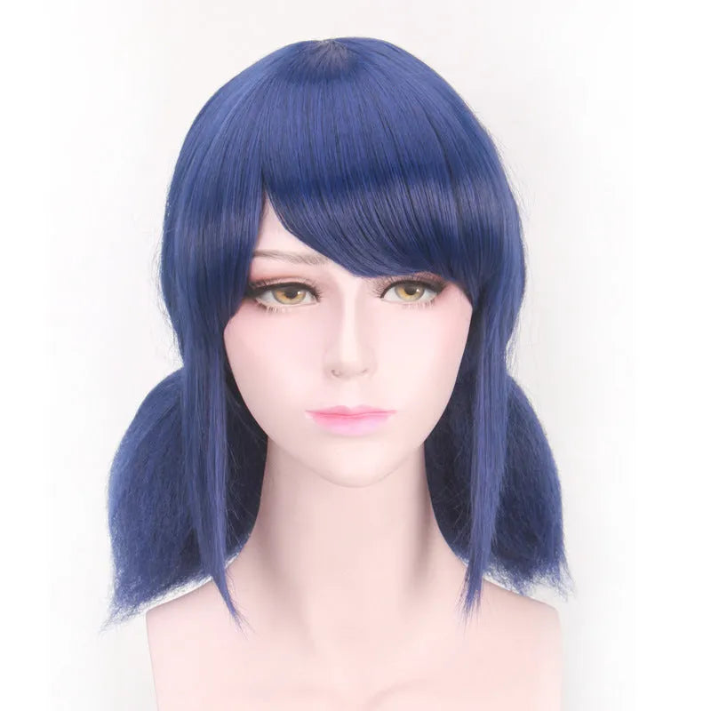 Mixed blue cosplay wig for Ladybug role play with 35cm length and adjustable fit