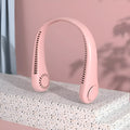 Pink bladeless neck fan being worn, showing adjustable neckband and air outlet.