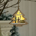 Set of laser-cut wooden Christmas tree decorations with polychromatic finish showing old man, snowman, deer, and star shapes