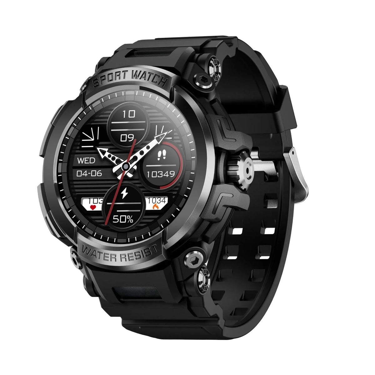 Smart watch in black with TFT screen showing heart rate display, Bluetooth calling function, and health monitoring features