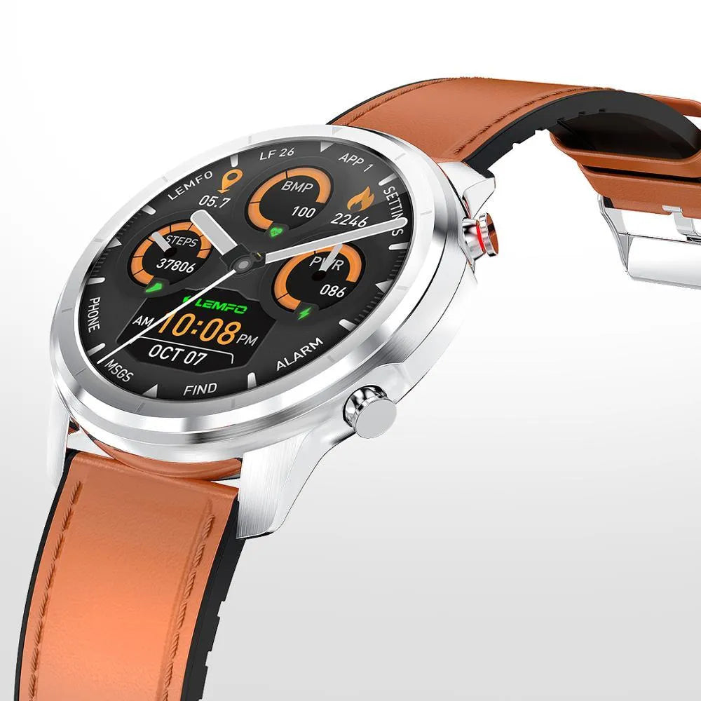 LEMFO LF26 smart bracelet showing 1.3 inch screen and side button in silver and brown colour option.