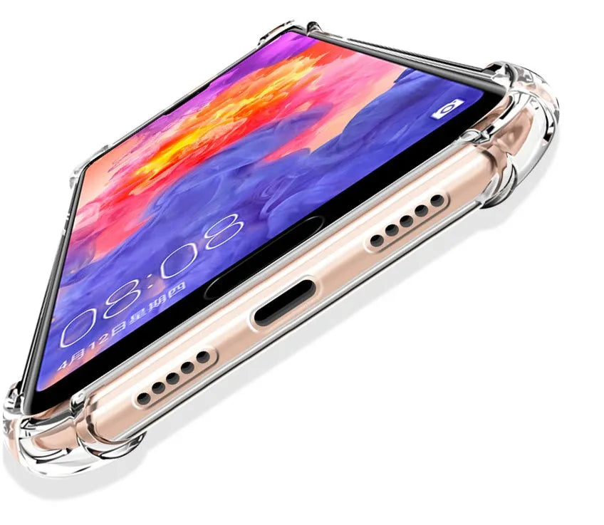 Transparent TPU phone case for Huawei and Honor phones showing airbag anti-fall protection design.