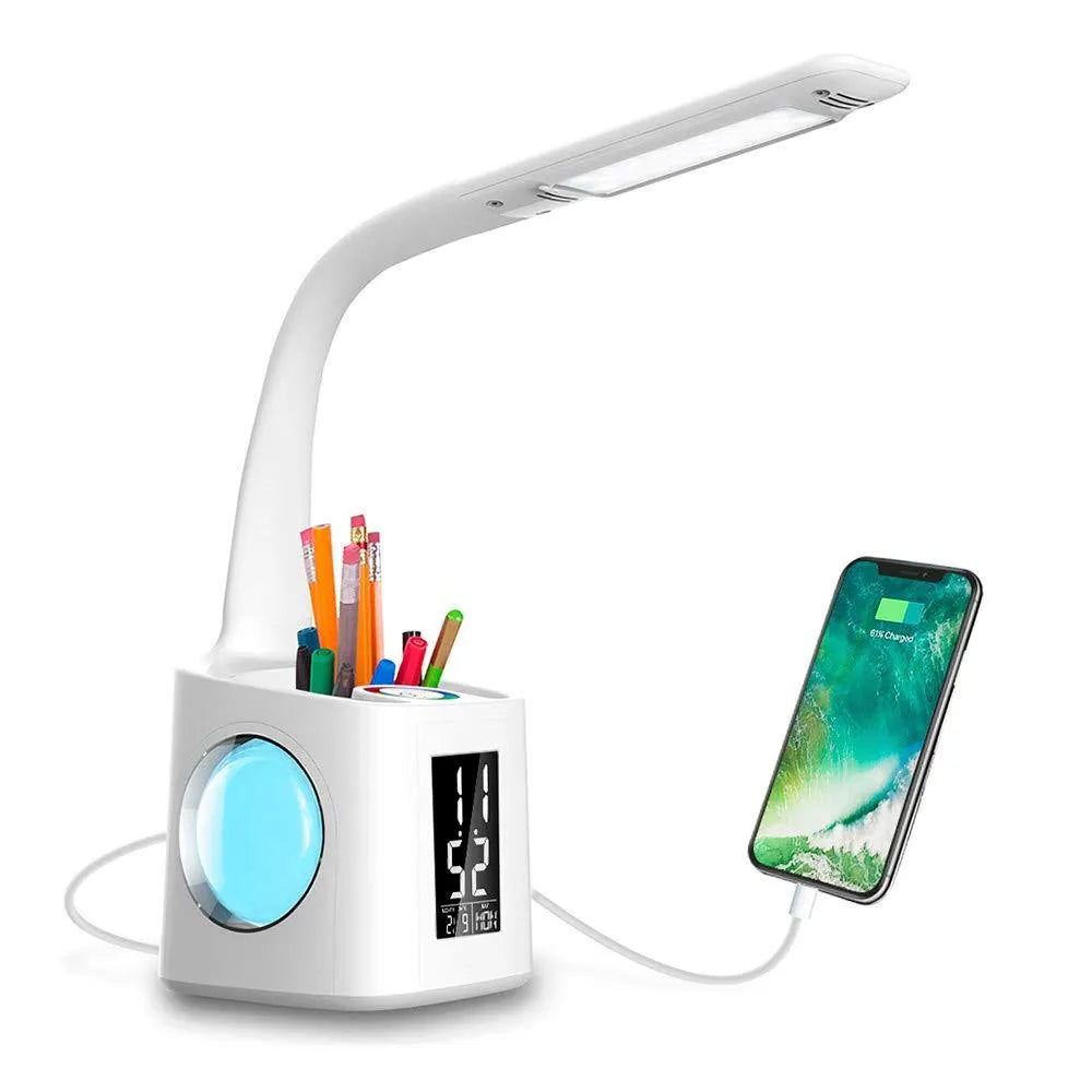 White 7-in-1 LED desk lamp with USB port, LCD screen, calendar, pen holder and colour night light base
