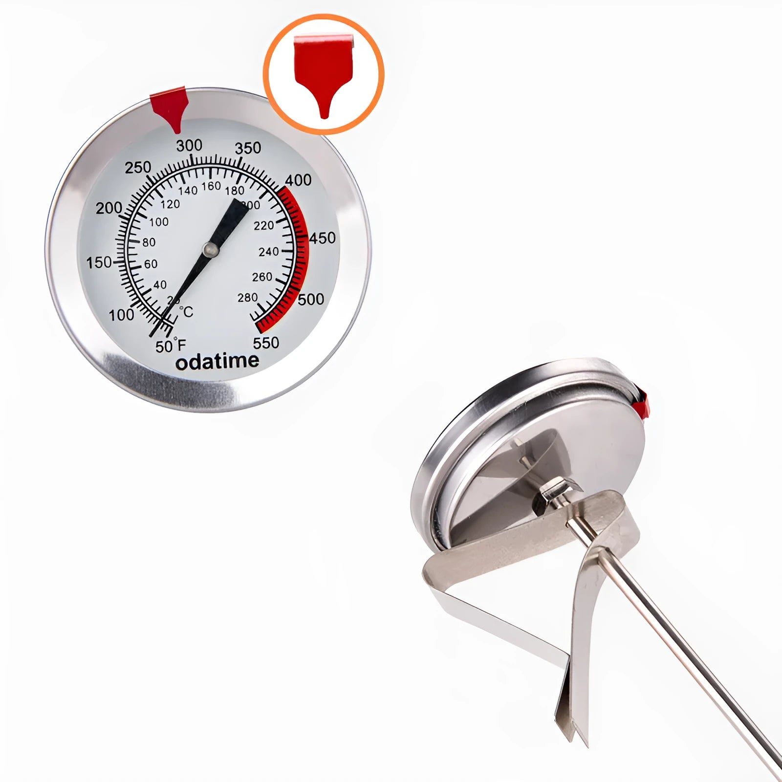Pen type kitchen thermometer with long stainless steel probe and digital display.