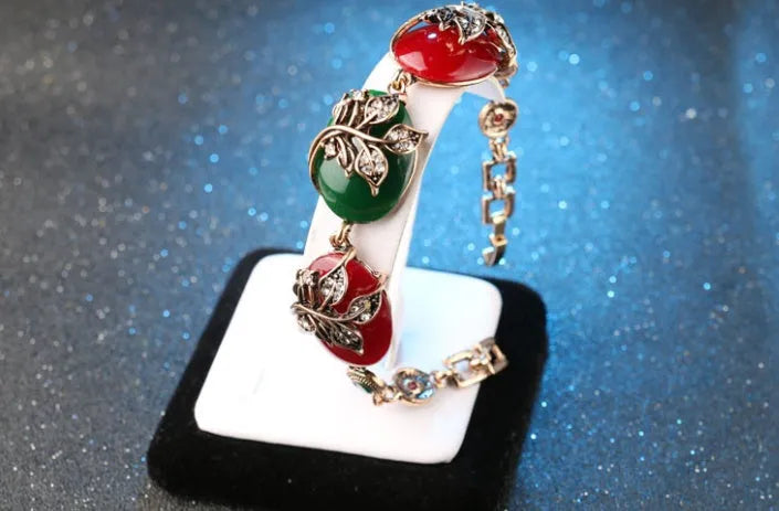 Colourful resin and Tibetan alloy boho bracelet with gold tone flower and love charms for women
