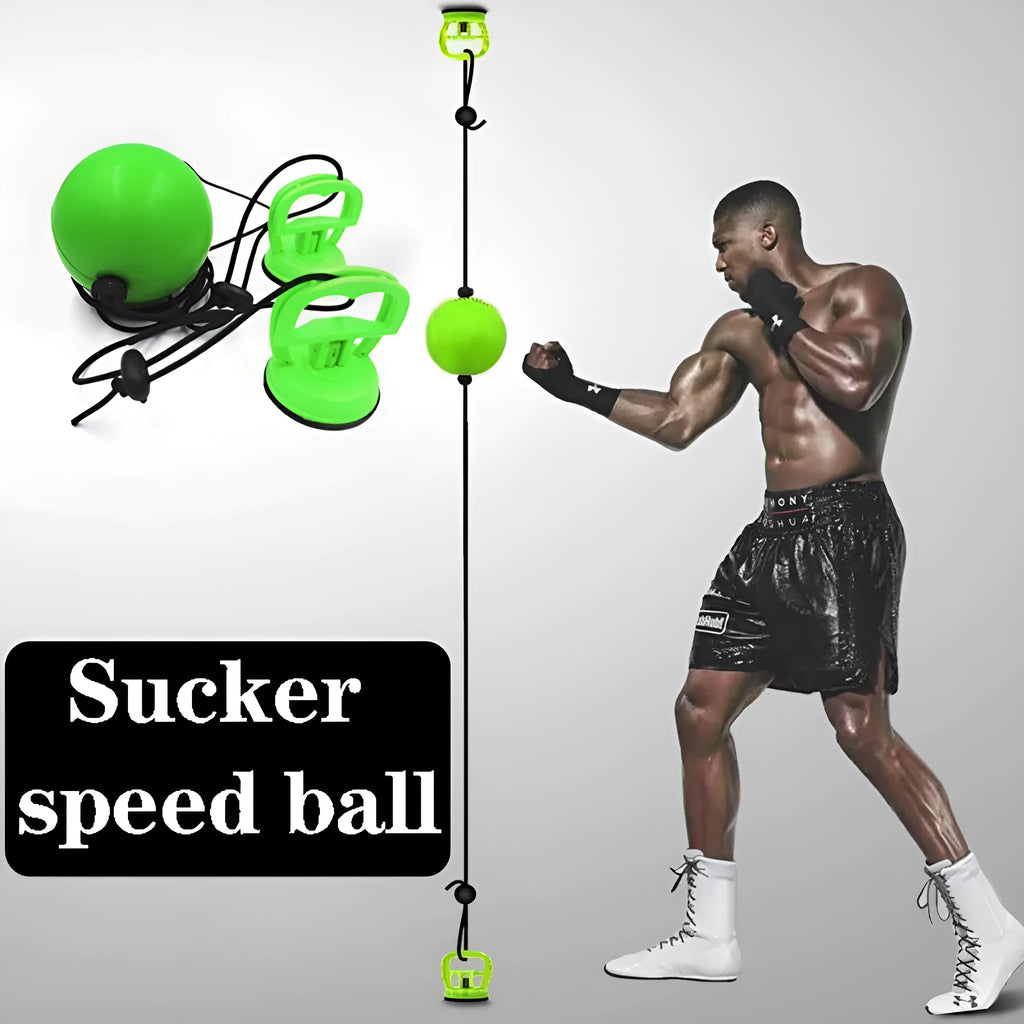 Green PU suction cup suspended boxing speed ball hanging from a suction cup mount for reflex training.