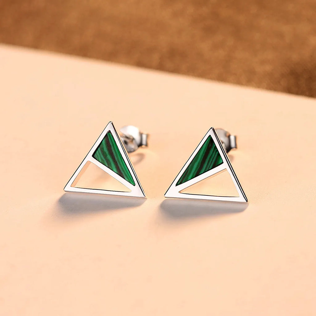 Pair of green malachite stud earrings in pure silver with geometric Korean-style design