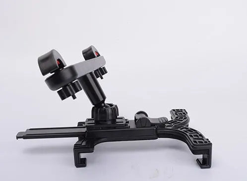 Black universal car headrest tablet holder with adjustable mount for rear seat passengers.