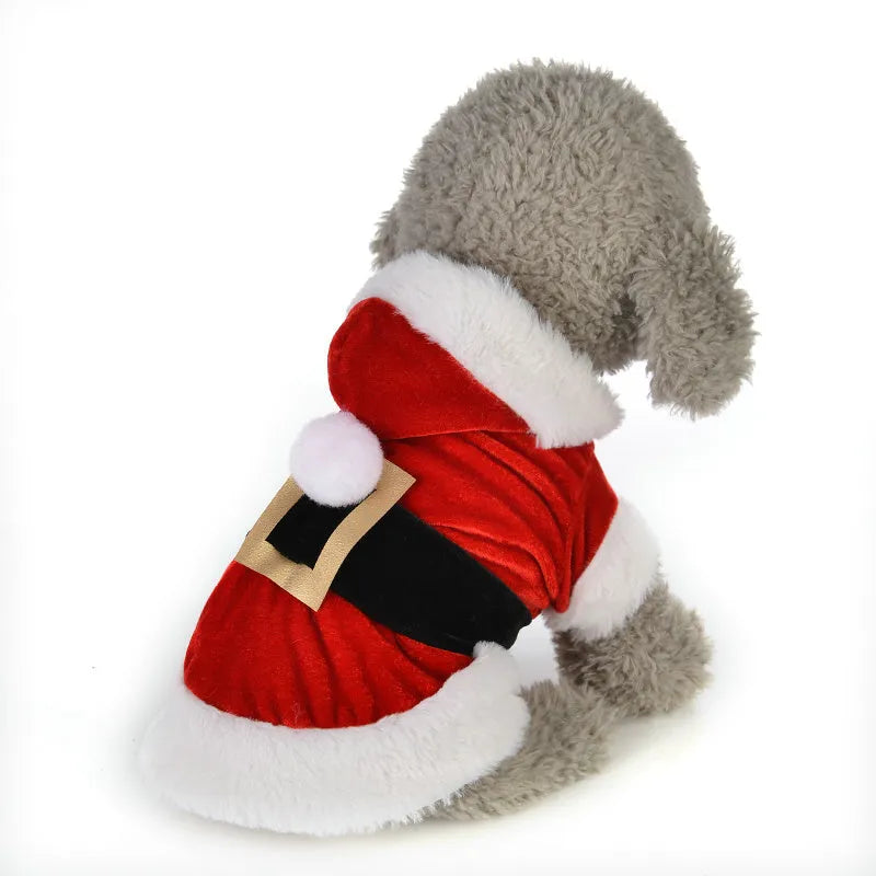 Red dog Christmas costume with faux fur trim shown on a dog, available in sizes XS to L with measured back lengths.