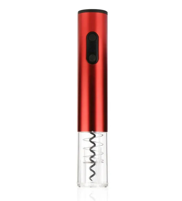 Silver automatic electric wine opener with foil cutter, aluminium alloy body, on a table next to a wine bottle