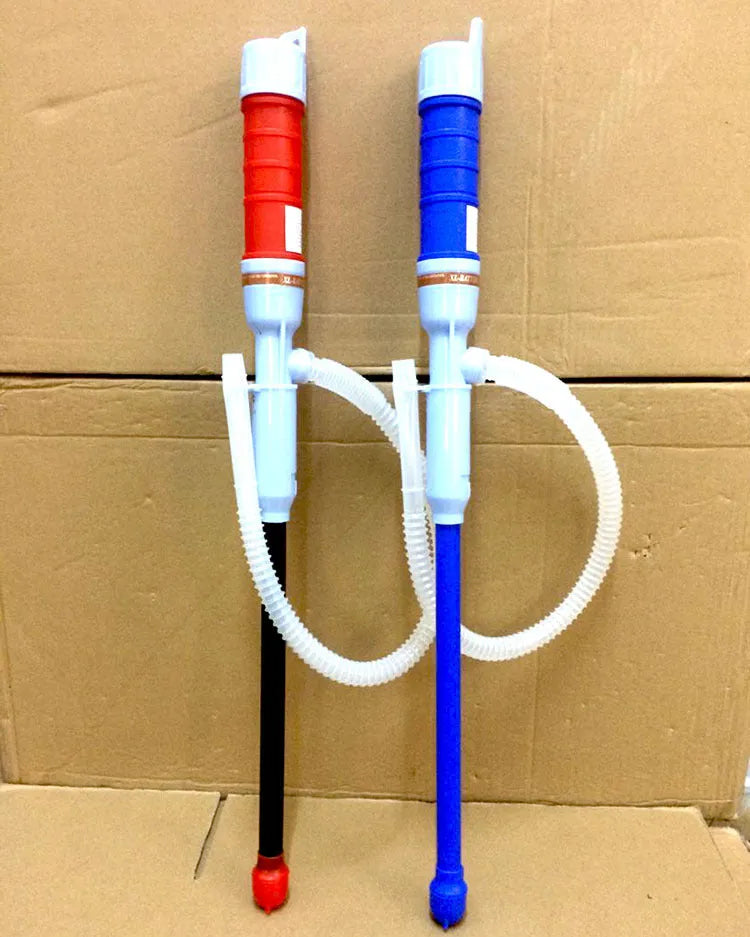 Blue and red manual hand siphon pump for fuel and liquid transfer