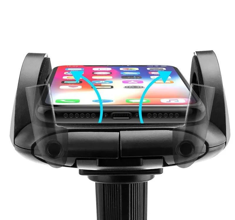 Black car cup holder mobile phone holder made of ABS and aluminium tube encapsulation, 9 x 9 x 16.5 cm, shown in a car interior.