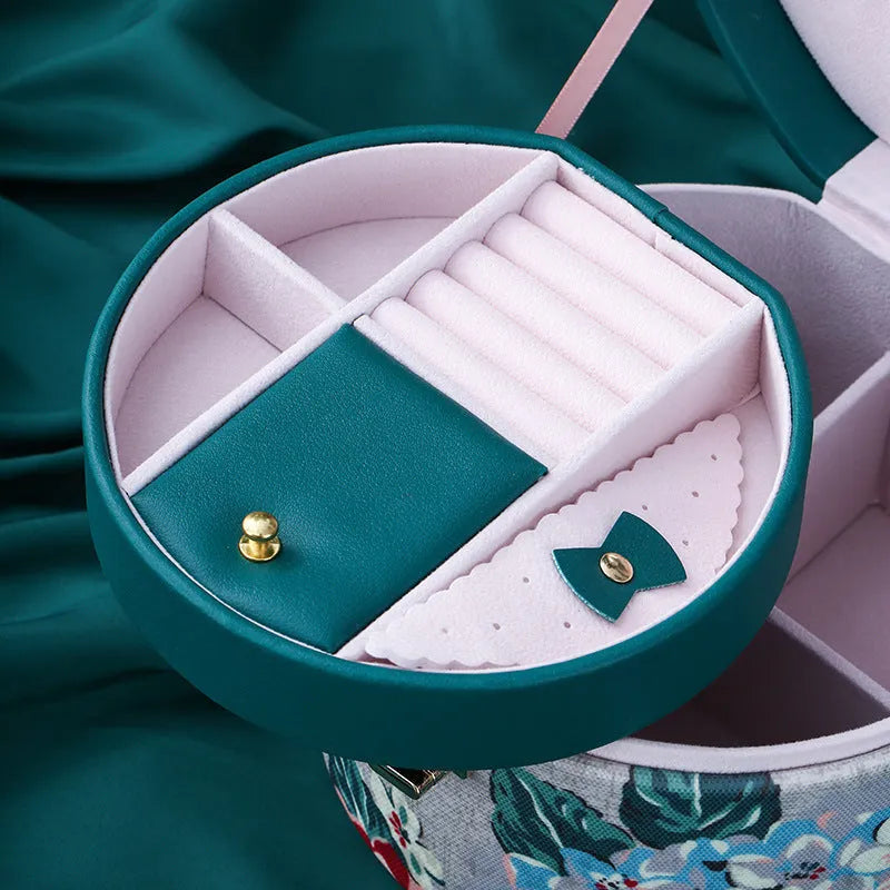 Large capacity multi-layer retro round leather jewellery box in palace style green, pink, red, or black
