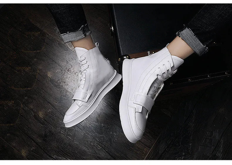Men's black and white high-top style PU leather ankle boots on a size chart background.