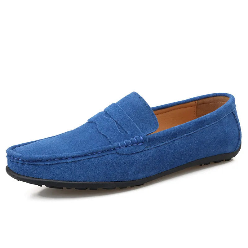 Men's solid colour cowhide suede loafers with round toe and rubber sole