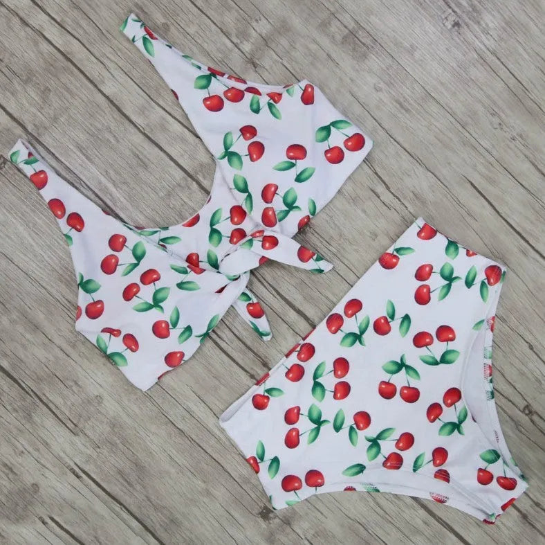 Knotted double-sided bikini swimsuit in polyester spandex, yellow flower orchid white flower, sizes L M S