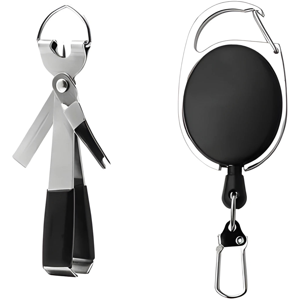 Black fishing pliers kit with scissors and quick knot tool on a white background, 8.5cm long