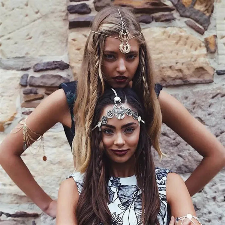 Boho headband jewellery in ancient silver finish, nickel-free alloy, lightweight metal hair accessory for festivals