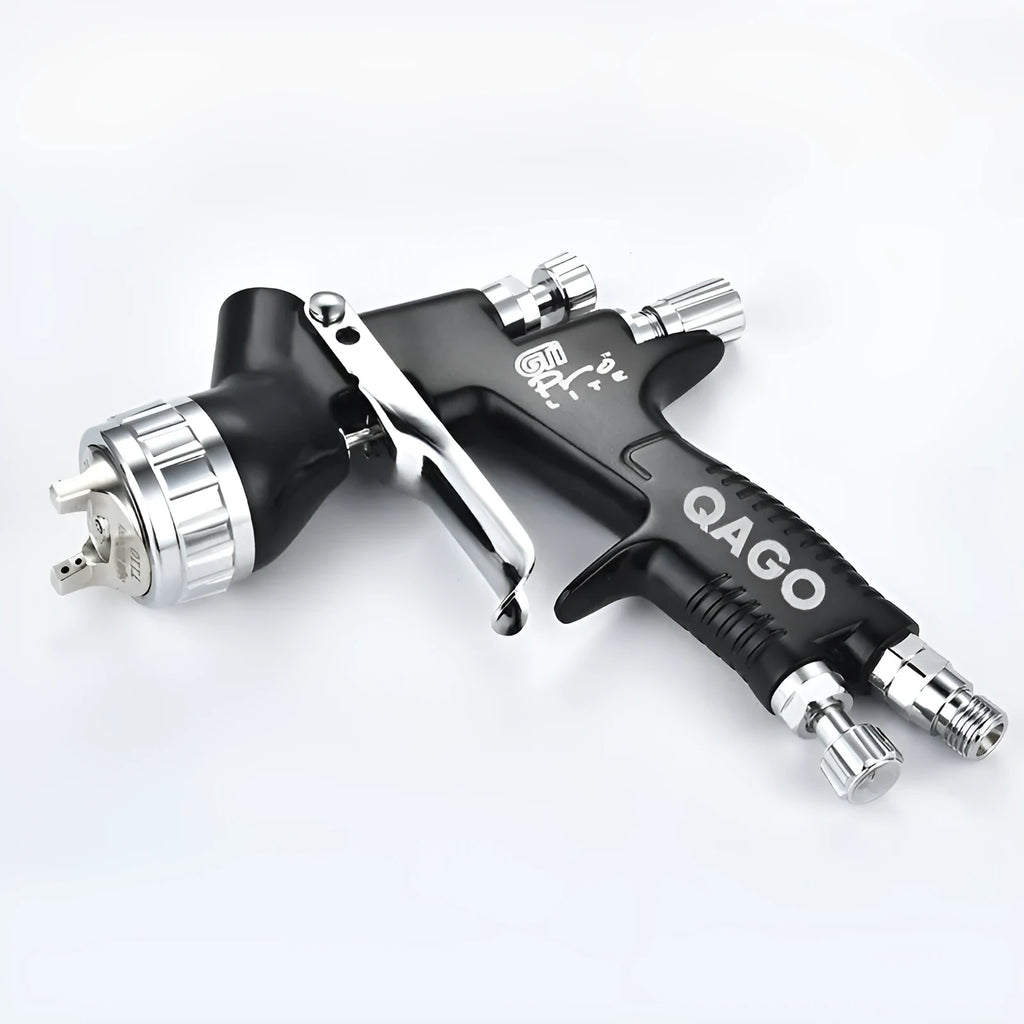 Auto paint sprayer with 1.3mm nozzle, G1/4 air interface, 20cm x 15cm body, shown in black