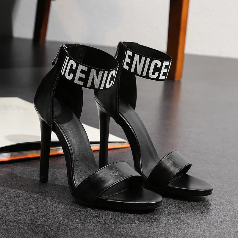 High heel stiletto sandals open toe with buckle strap in black artificial PU