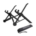 Sagacious black folding computer bracket with carrying case, shown in deployed and folded positions