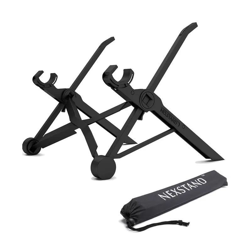Sagacious black folding computer bracket with carrying case, shown in deployed and folded positions